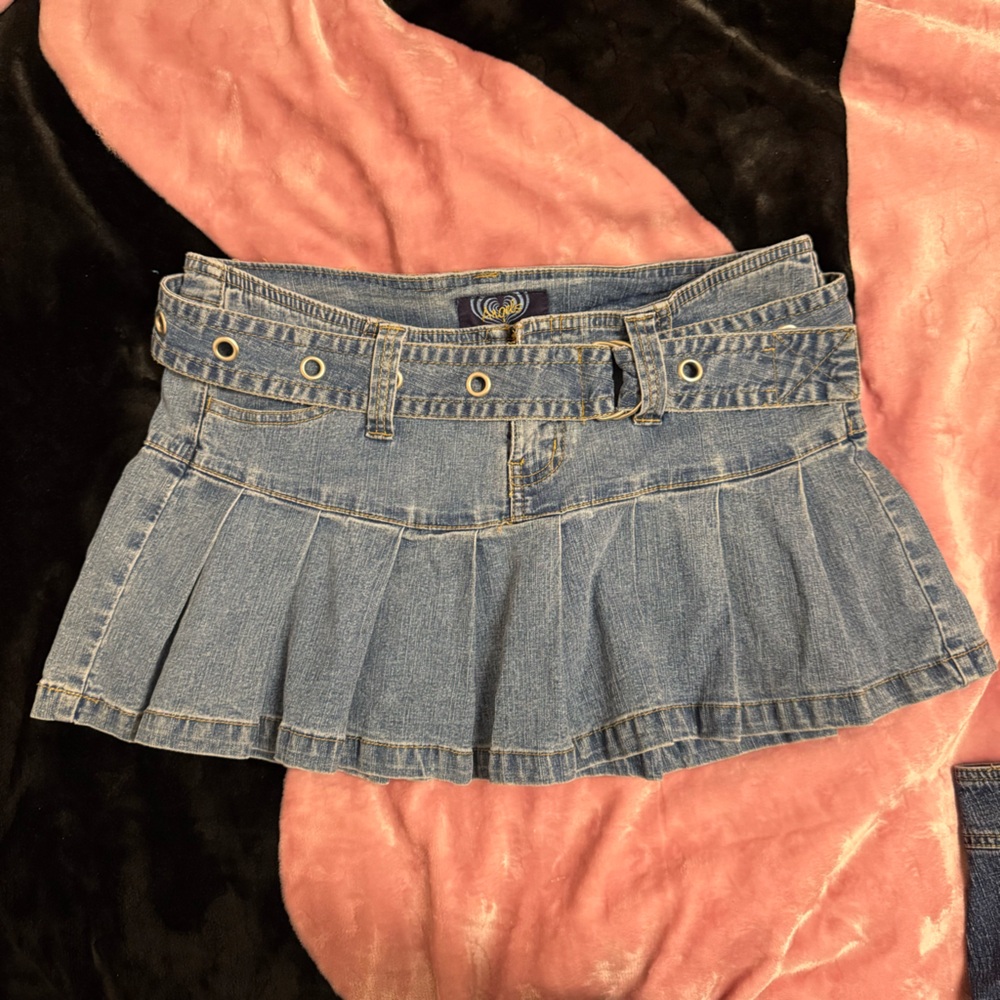 Angels Pleated Denim Mini Skirt